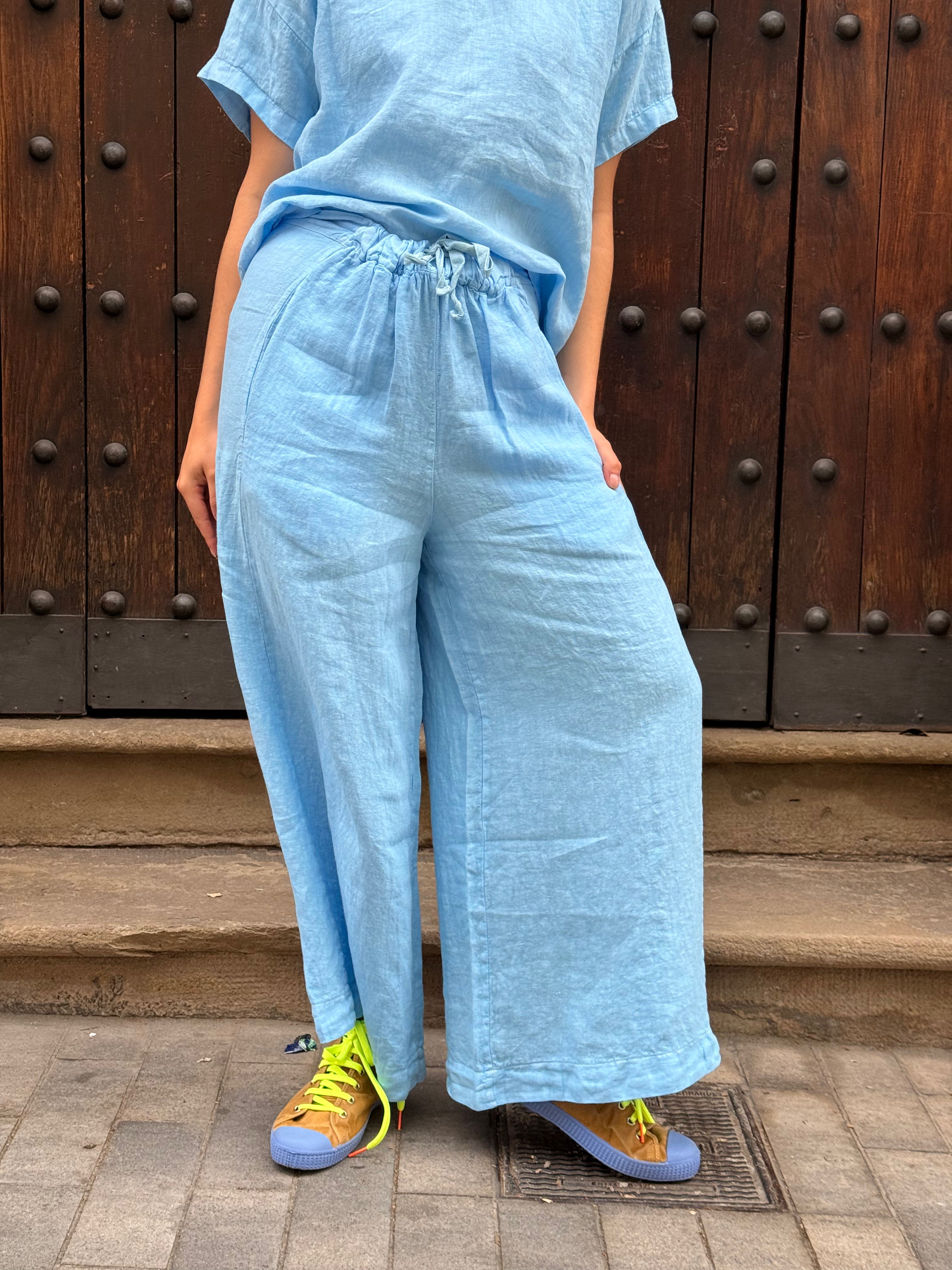 Pantalon bouffant en lin ciel