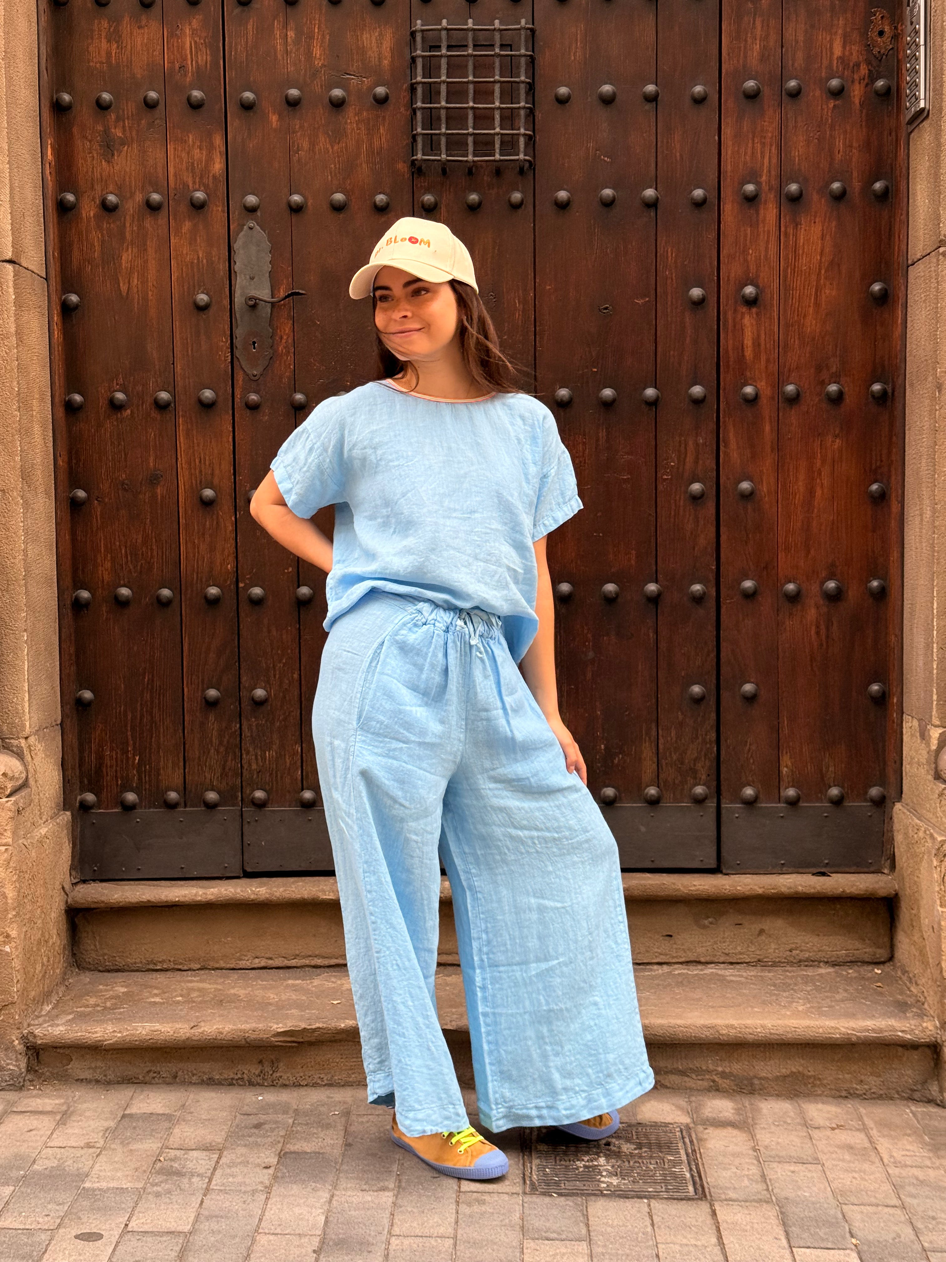 Pantalon bouffant en lin ciel