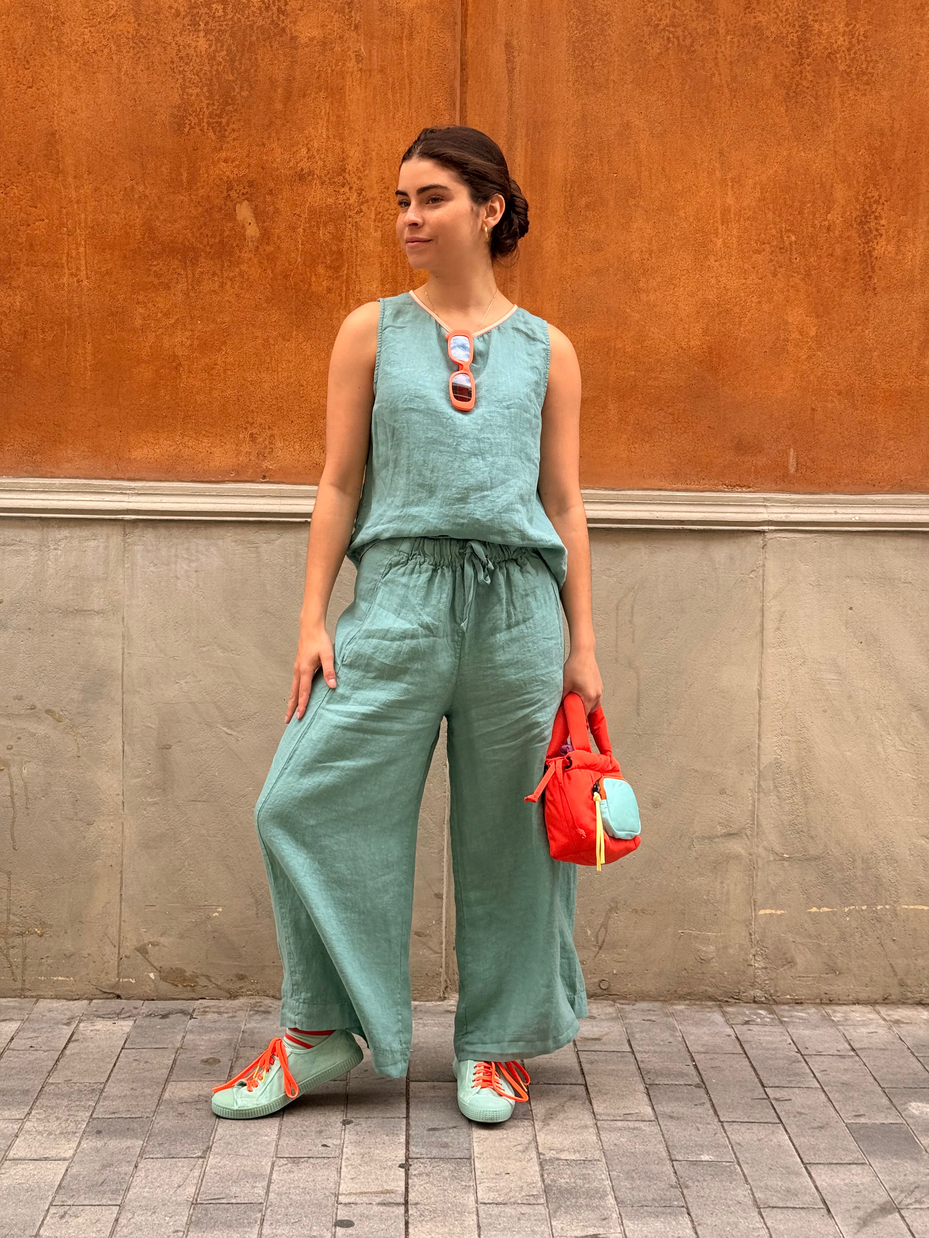 Pantalon bouffant en lin vert