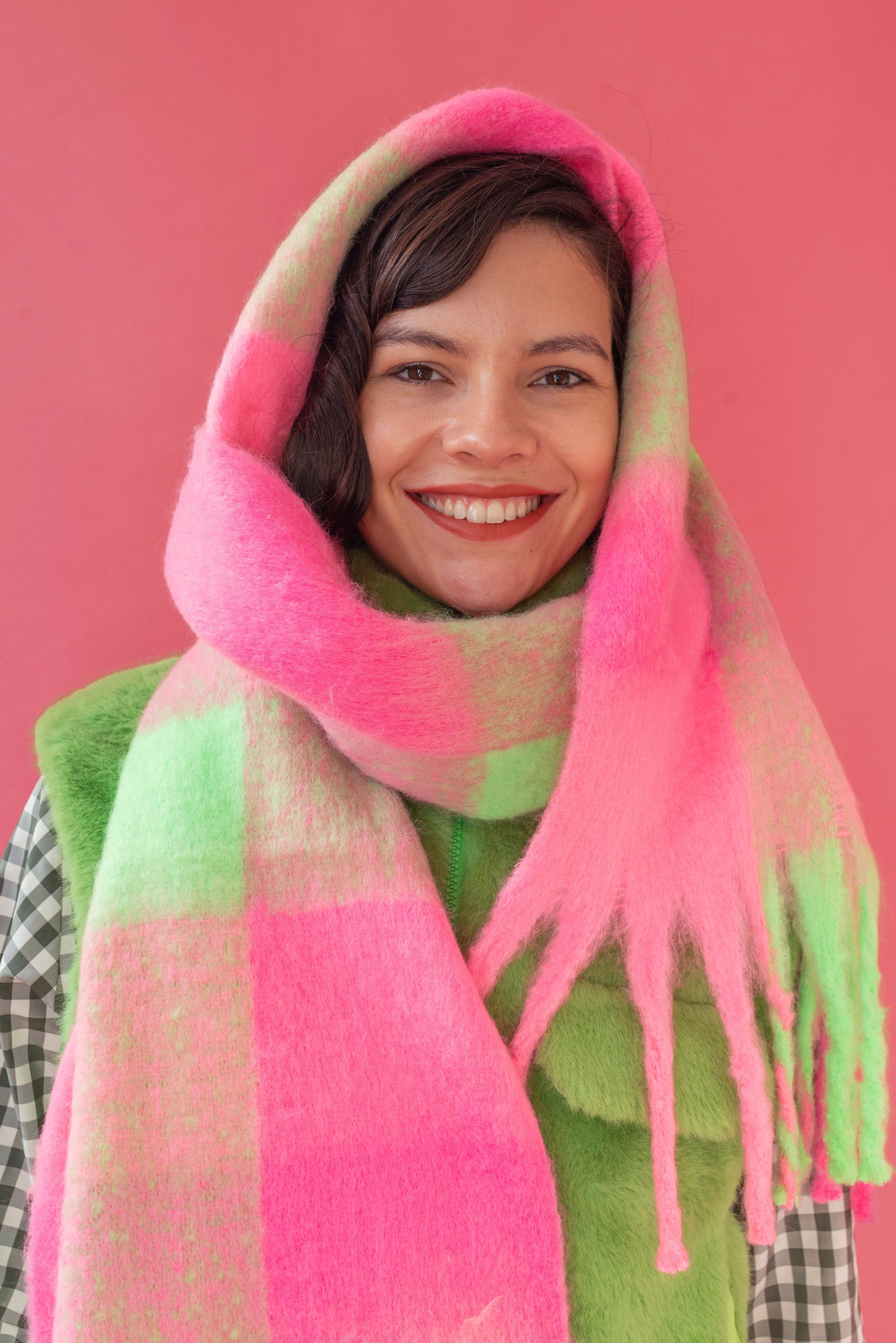 Écharpe à carreaux rose/lime