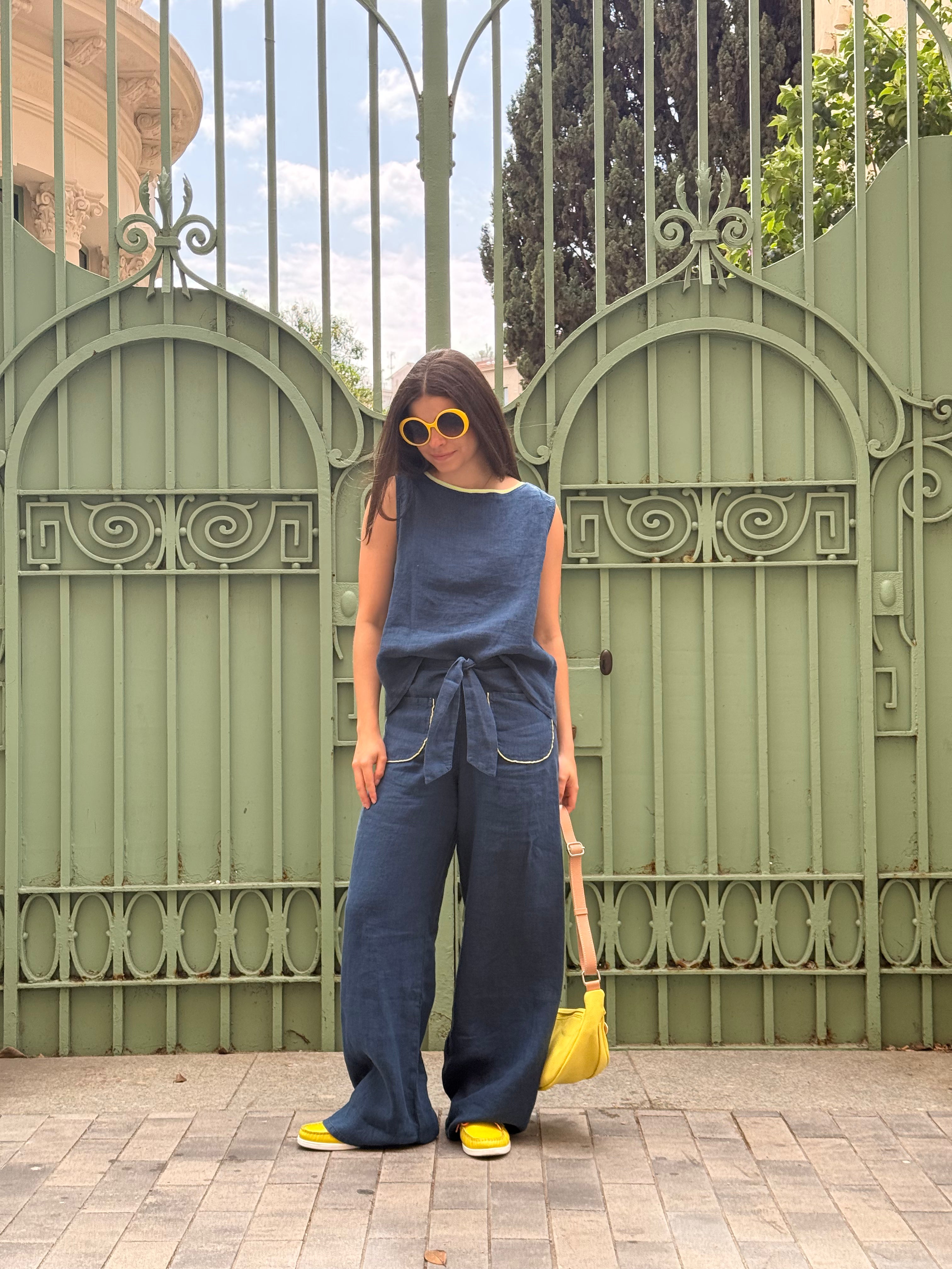 Pantalon en lin bleu Lazo