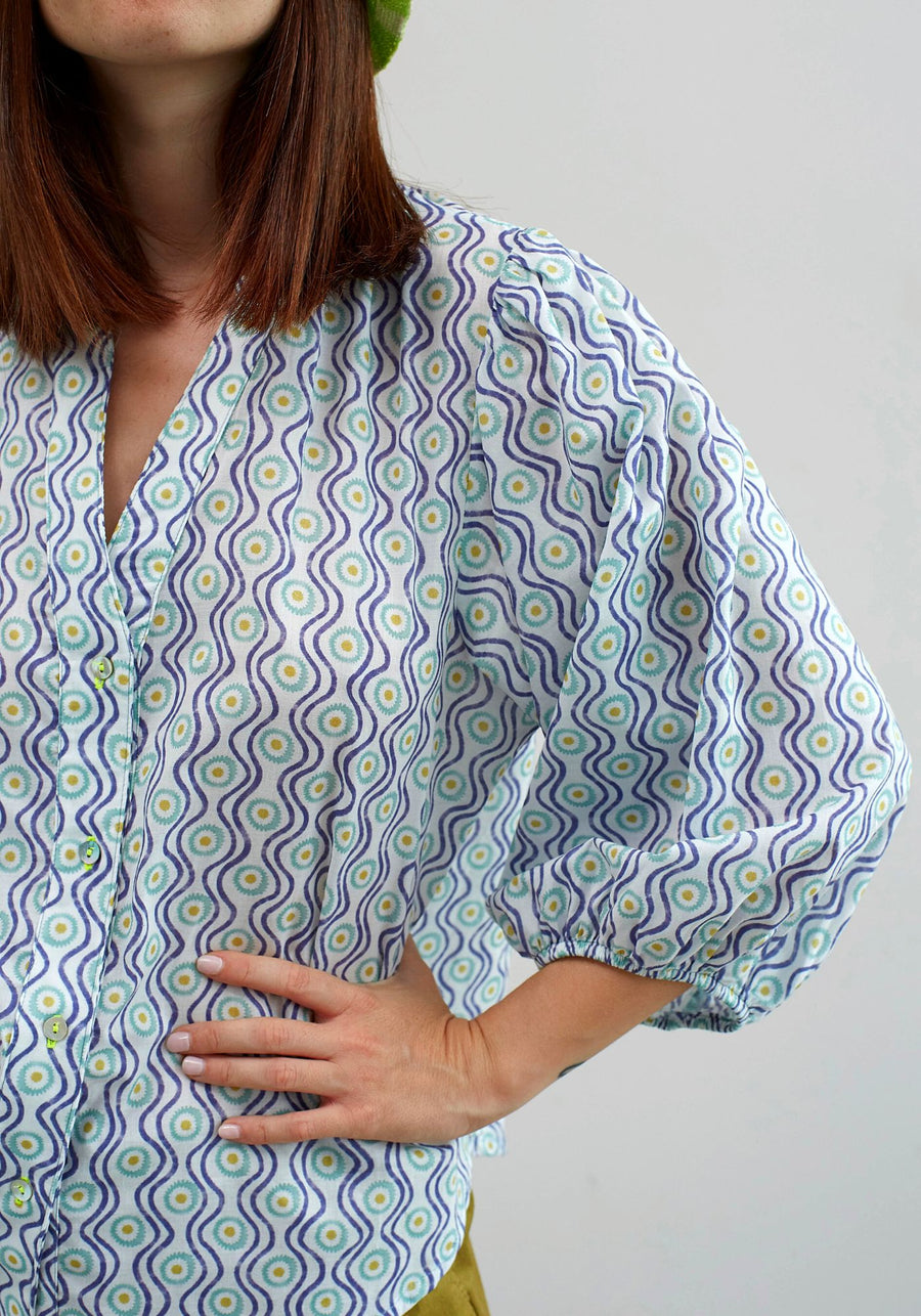 Chemise Mikado à Marguerites Bleue